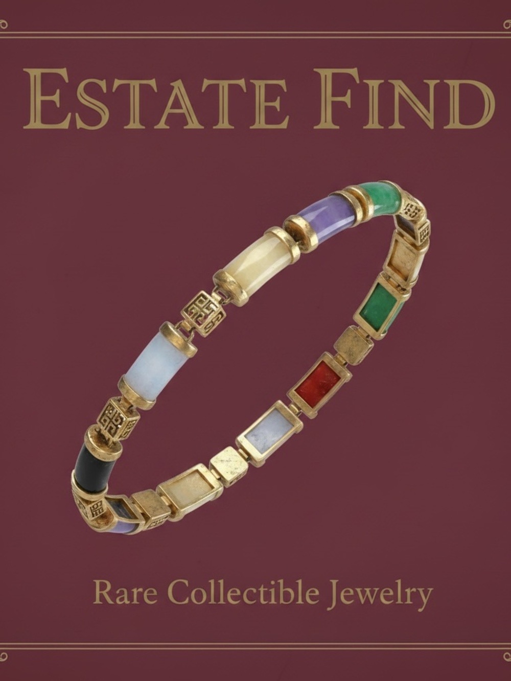Vintage Chinese Multicolor Jadeite Bracelet, Brass Link, 7"
